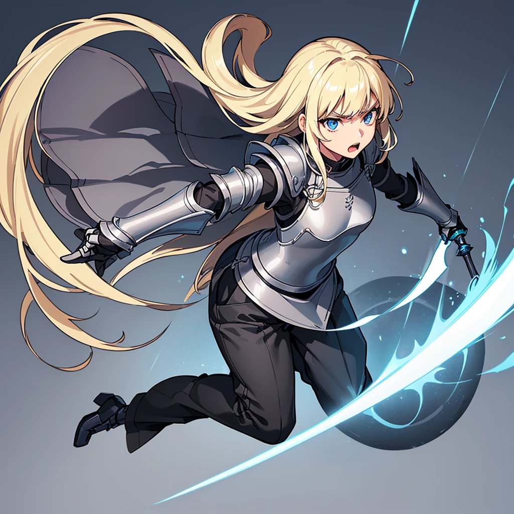 (((Solo)))、(Full body character concept)、Highest quality, Best Quality、(((Gray simple armor、Black trousers))、(woman、18-year-old)、(Blonde、Long Hair)、(Simple Background)、(get annoyed、Open your mouth)、(From below)、Glowing blue aura、Grab the sword、Movement angle、(From above at an angle)