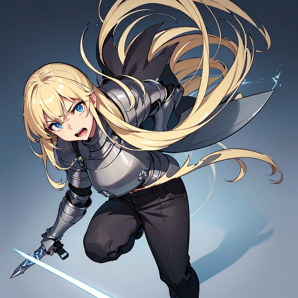 (((Solo)))、(Full body character concept)、Highest quality, Best Quality、(((Gray simple armor、Black trousers))、(woman、18-year-old)、(Blonde、Long Hair)、(Simple Background)、(get annoyed、Open your mouth)、(From below)、Glowing blue aura、Grab the sword、Movement angle、(From above at an angle)