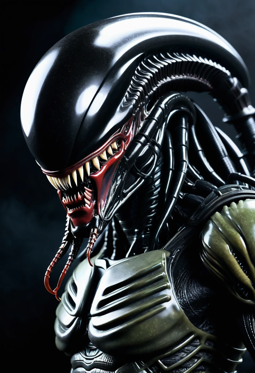 (((Very close up (((Predator fusion Xenomorph Alien the eighth passenger))),(((black color))) surreal and cinematographic images Color Splash images))),(((Front Images))),(((dreadlocks)))