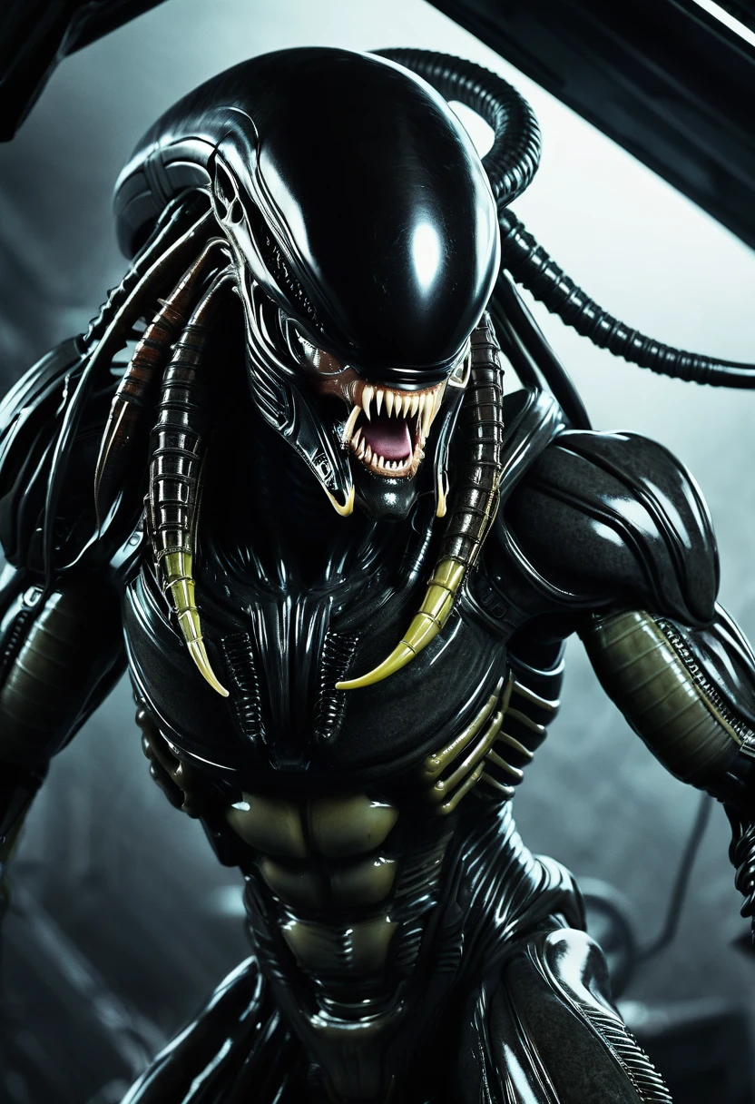 (((Very close up (((Predator fusion Xenomorph Alien the eighth passenger))),(((black color))) surreal and cinematographic images Color Splash images))),(((Front Images))),(((dreadlocks)))
