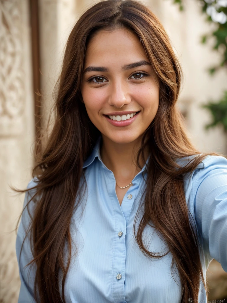 a photo-realistic selfie of a beautiful Palestinian woman with long brown hair, blue shirt, white teeth, and a cute smile, with highly detailed and realistic facial features, modest expression, and realistic white skin tone