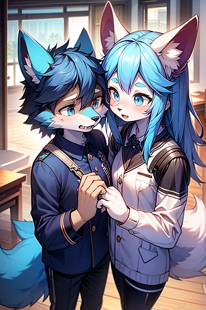 Blue fur, Canine, fox motif, Couple of girls and boys, uniform、Holding hands,Cry a lot,