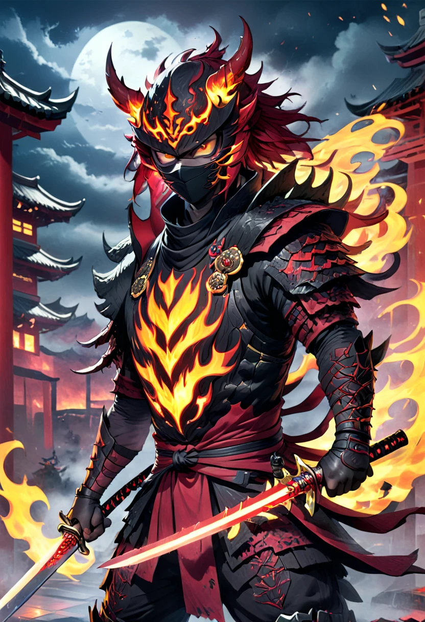 A striking illustration of a demonic ninja wielding a fiery, blood-stained ninja sword. The ninja is cloaked in dark red and black armor with intricate metallic designs, and his eyes glow menacingly. An intense fire surrounds his body, and a flaming serrated sword is prominently featured. The background is a dark and stormy night, creating a sense of danger and intensity. The overall ambiance of the image is dark and mysterious, with a touch of supernatural elements.