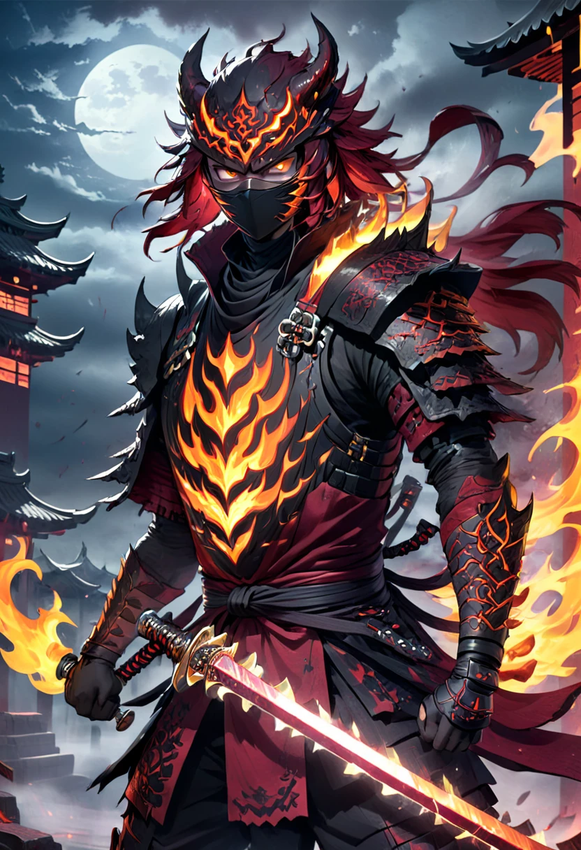 A striking illustration of a demonic ninja wielding a fiery, blood-stained ninja sword. The ninja is cloaked in dark red and black armor with intricate metallic designs, and his eyes glow menacingly. An intense fire surrounds his body, and a flaming serrated sword is prominently featured. The background is a dark and stormy night, creating a sense of danger and intensity. The overall ambiance of the image is dark and mysterious, with a touch of supernatural elements.
