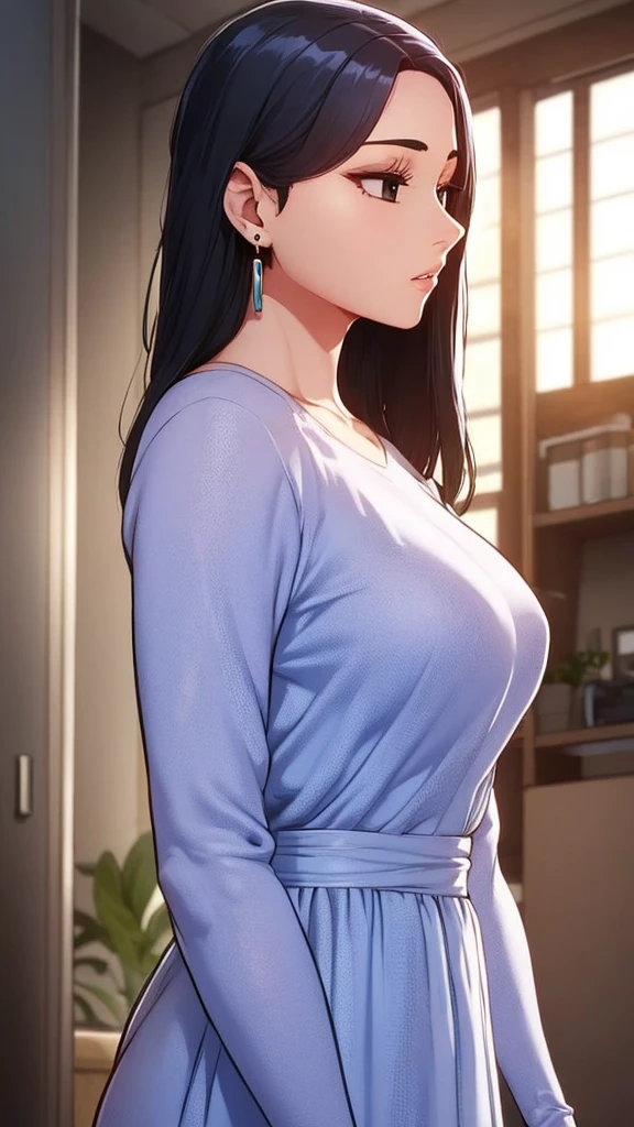 1 Girl，single，Long hair，Bangs，Brown hair，Black Hair，Long sleeve，dress，Jewelry，Shut up，Upper body，Lateral hair，earrings，indoor，钝Bangs，black eyes，Lips，looking off to the side，window，crown