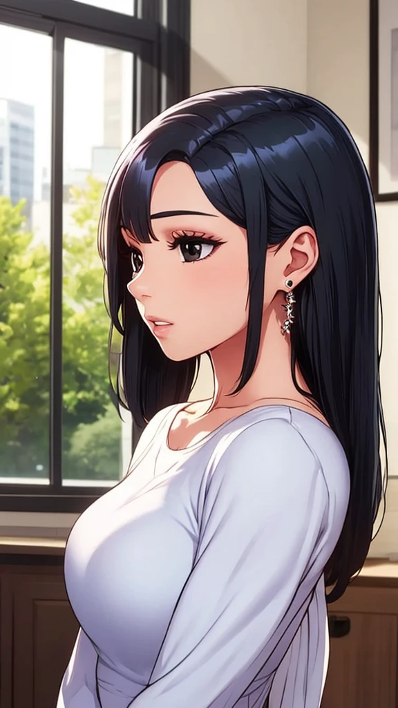 1 Girl，single，Long hair，Bangs，Brown hair，Black Hair，Long sleeve，dress，Jewelry，Shut up，Upper body，Lateral hair，earrings，indoor，钝Bangs，black eyes，Lips，looking off to the side，window，crown