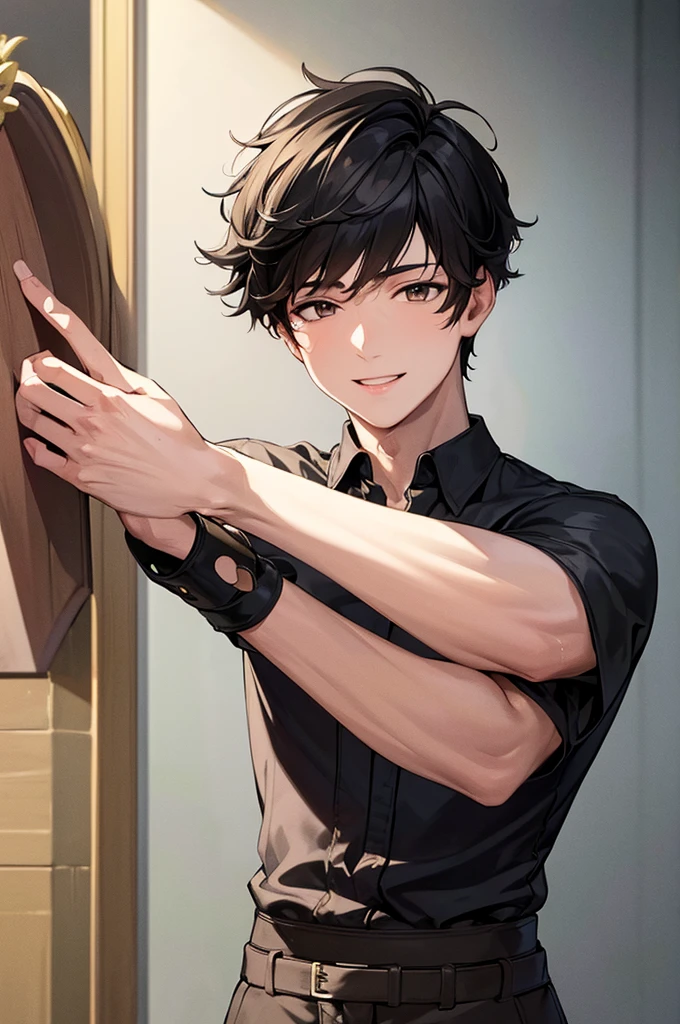 masterpiece, best quality, masterpiece, best quality, masterpiece, best quality, masterpiece, best quality, high quality,high detail, ultra detail, Uhd, 4k,4280x2240, depth field, (hdr:1.9), correct anatomy, a boy masculine with short hair black hair abundant brown eyes with complete spring outfit smile