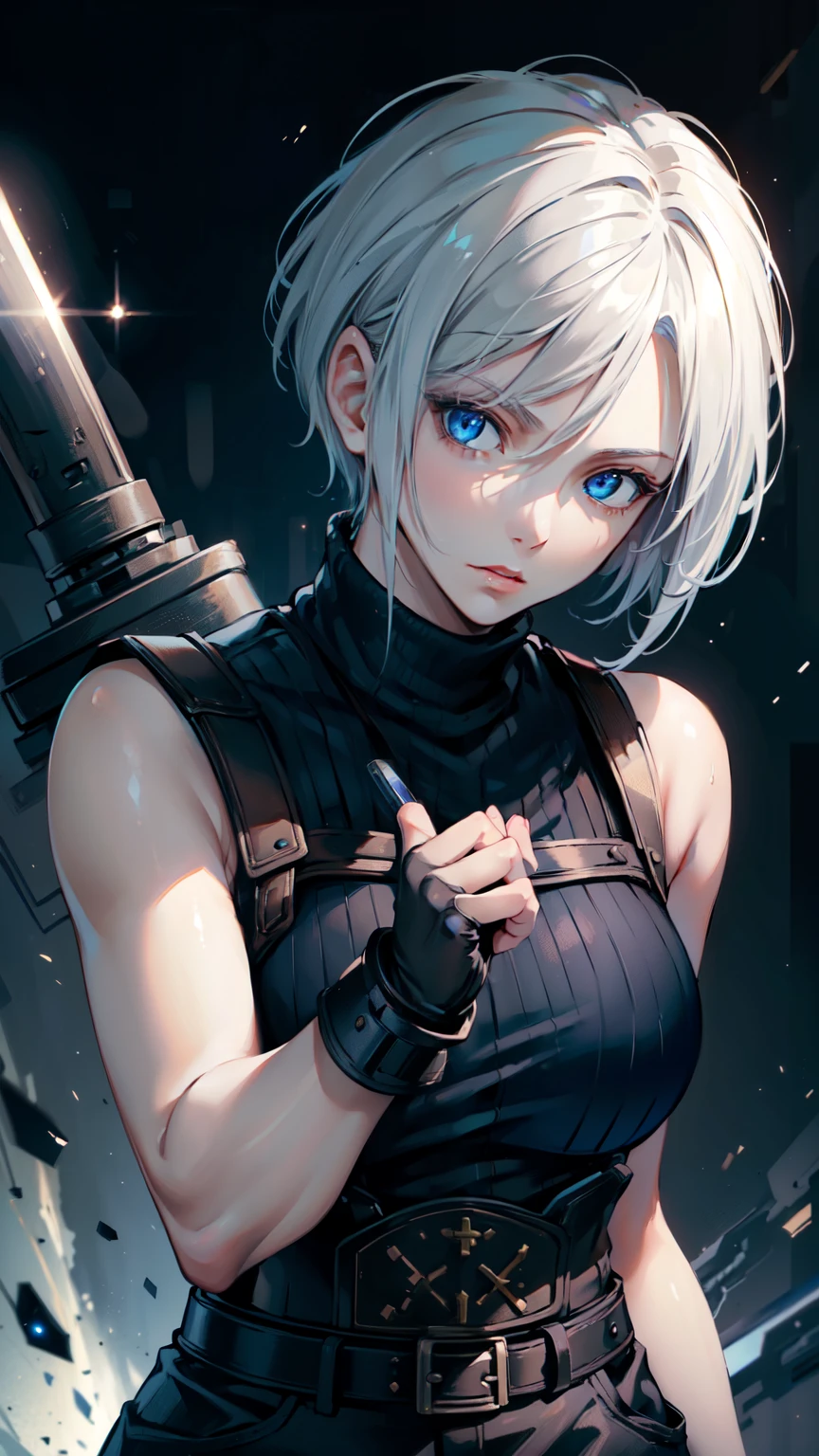 (masterpiece, best quality:1.2), expressive eyes, perfect face, highres, 1 girl, solo, (female:1.5), strife, short hair, shoulder armor, sleeveless turtleneck, suspenders, belt, gloves, bracer, standing, portrait, looking at viewer, White hair, Blue glowing eyes, holding a giant katana,