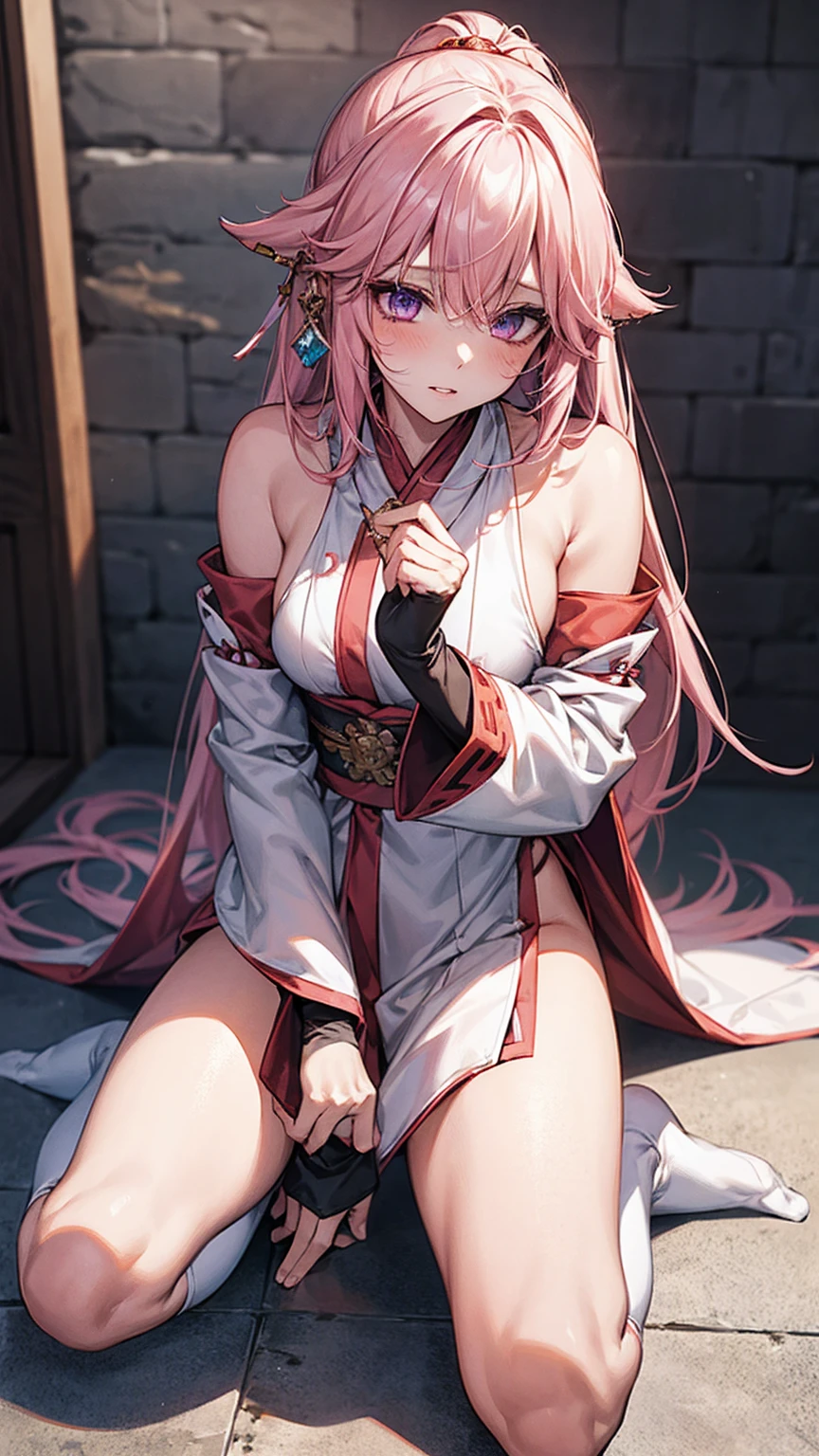 One Girl, (Urzan-6500:0.7), K-POPアイドル, yae miko, , Exposed bare shoulders, Pink Hair, Long white hair, Japanese Clothing, The best quality in the best condition, (da pintura:1.5), (hair ornaments:1.35), gem, Purple eyes, 耳Nipple Ring, , Written boundary depth, Detailed face, Face Focus, ribbon_trim, (View your audience:1.25), Non-traditional Shrine Maiden, Shiny skin, Long sleeve, Thick lips, Game CG, (Blur the background:1.2), sit, , whole body、Put your head on the urinal,Yogurt all over、whole bodyが濡れている、One Girll, Kneel, Obscene, Pee, Urine,garbage,masterpiece, Highest quality, Very detailed,Knee-high socks、Long white elbow gloves、Long socks