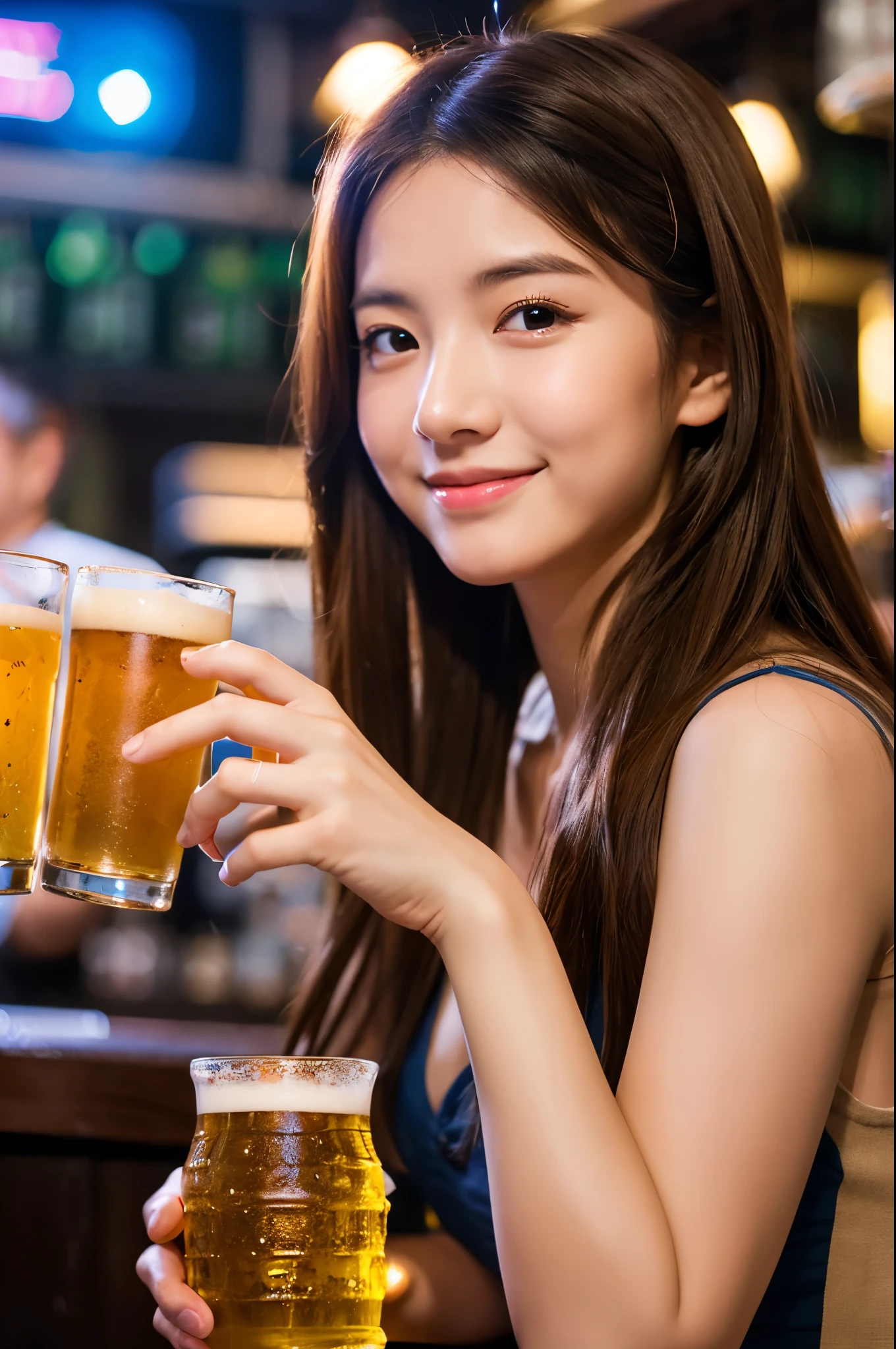 A very cute face like an idol、Looks like a young face、20-year-old female、Gentle and cute、A kind smile、Cleavage、A crowded bar、Toast with a beer mug、Cinema lighting、Natural light、whole body、RAW Photos、Genuine、Artistic、(High level of artistry)、High quality that is indistinguishable from real life、realism、Real Stick、High resolution、masterpiece