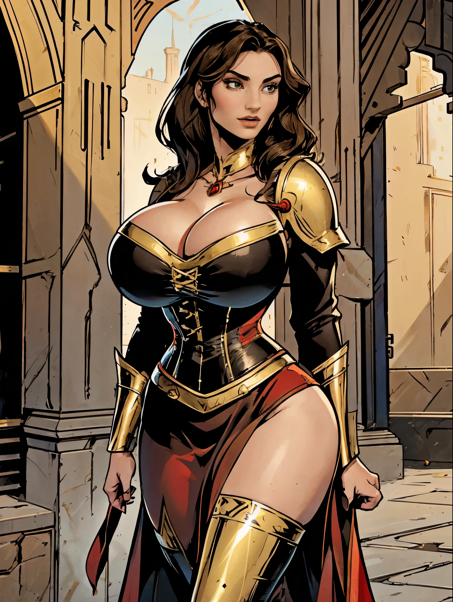 Gorgeous and sultry busty athletic (thin) brunette with sharp  features and (huge boobs) wearing a red and black dress, long sleeves, bracers, corset, gold trim, sorceress attire.  Castle courtyard.