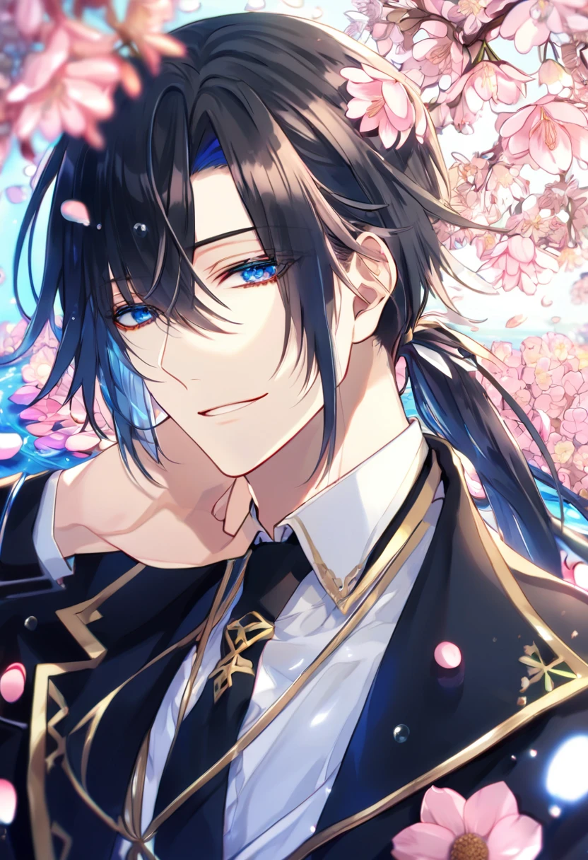 Ultra detailed, highres, absurdres, HDR, master piece, Yatogami Kuroh, black hair that is tied into a ponytail with bangs swept to the left and right side, strands of hair falling in his face, expressivee blue eyes, black jacket with gold trimmings, white shirt, black necktie, K Project, fantasy, pink petals, water, pink flowers, handsome, sexy man, solo, magical, best quality, blossoms, handsome smile, blue shining fireflies