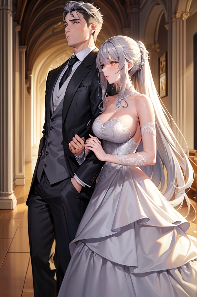 masterpiece, Best quality, masterpiece, Best quality, masterpiece, Best quality, masterpiece, Best quality, high quality, High detail, Ultra detail, HD, 4k, 4280x2240, depth field, (HDR:1.9), Correct anatomy, a masculine boy with short hair black hair abundant brown eyes with full wedding suit from groom to gentleman's suit and Palto flu pants and a girl with very long hair messy hair curly hair wavy hair (((silver hair))) high ponytail with yellow eyes in wedding dress, Dream wedding dress. love. Hand in hand looking at the New Year's sunset sunrise while kissing at church wedding with wedding rings on boy finger and wedding rings on girl finger and smiles, detail, ultra-detail, correct_position, correct_texture, correct_colors, correct_shading, correct_cgi, correct_body, correct_anatomy, correct_proportion, (correct_complete_body)