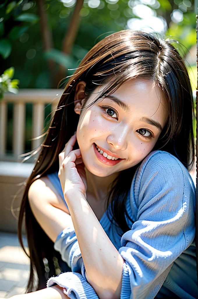 Super  and super cute Japan girl、Super big、Cute smile、A girl hugging a cute little Aonyx cinerea