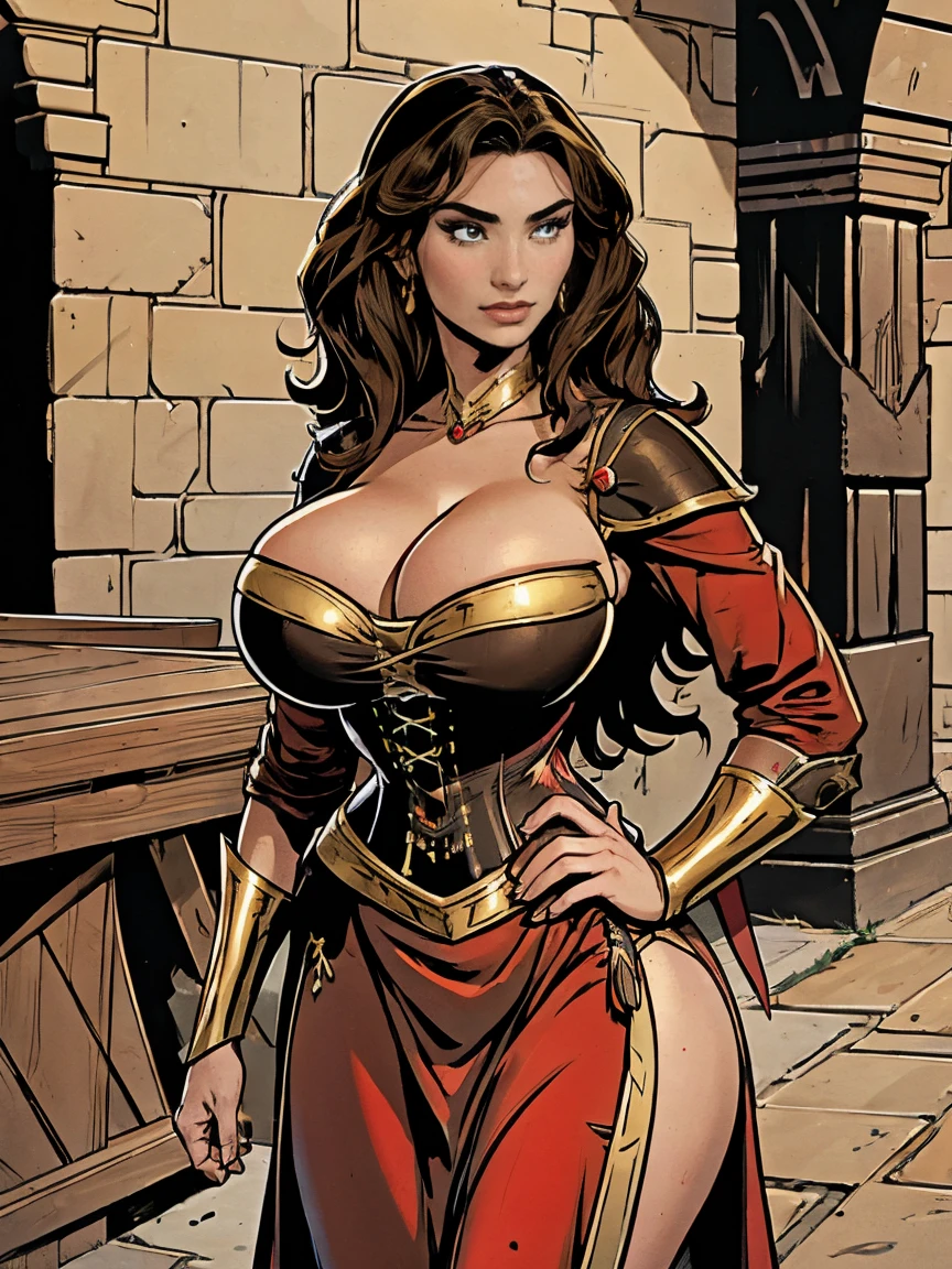 Gorgeous and sultry busty athletic (thin) brunette with sharp facial features and (huge boobs) wearing a red and black dress, long sleeves, bracers, corset, gold trim, sorceress attire.  Castle courtyard.