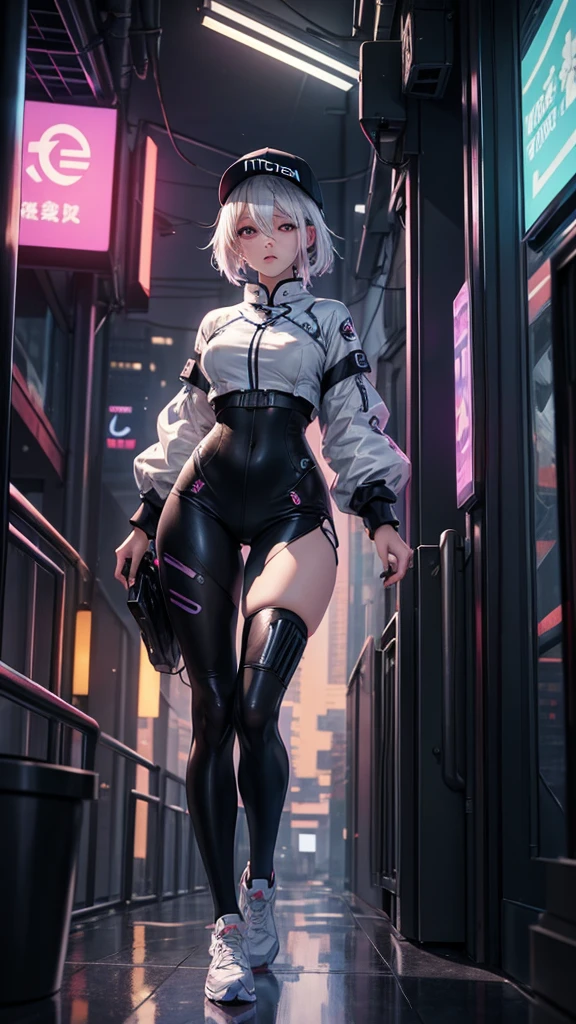 masterpiece, best quality, 4k, UHD, mishoujo, beautiful eyes and detailed face, illustration, beautiful detailed, high resolution illustration, glowing_white_particles, 1girl, white hair, light purple eye, hair over one eye, short side tail, baseball cap, expressionless, window shade, black cheongsam, cyberpunk, techwear, (Impressionism:1.4), full body portrait, cyberpunk city background, looking serious, 
