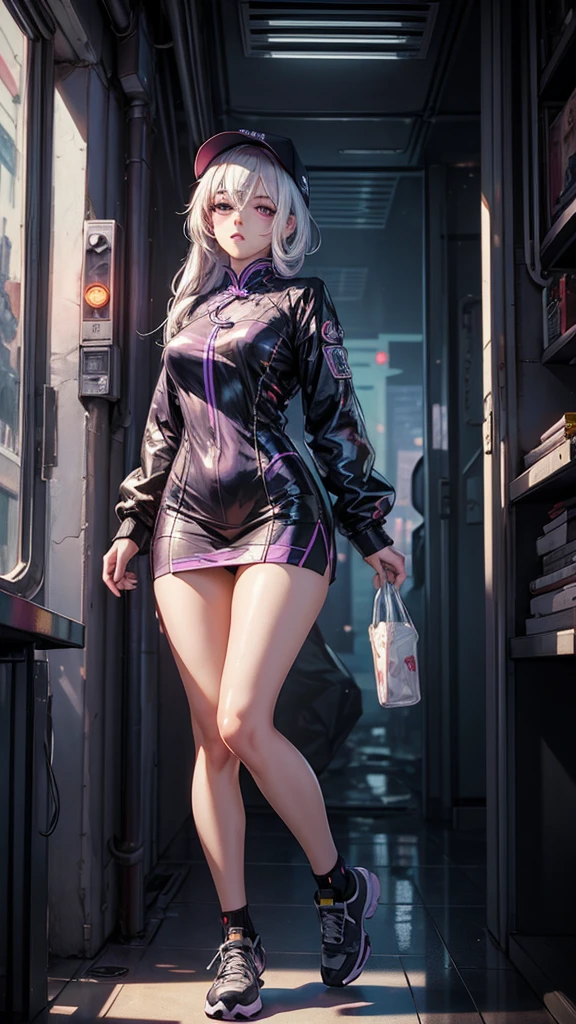 masterpiece, best quality, 4k, UHD, mishoujo, beautiful eyes and detailed face, illustration, beautiful detailed, high resolution illustration, glowing_white_particles, 1girl, white hair, light purple eye, hair over one eye, short side tail, baseball cap, expressionless, window shade, black cheongsam, cyberpunk, techwear, (Impressionism:1.4), full body portrait, cyberpunk city background, looking serious,