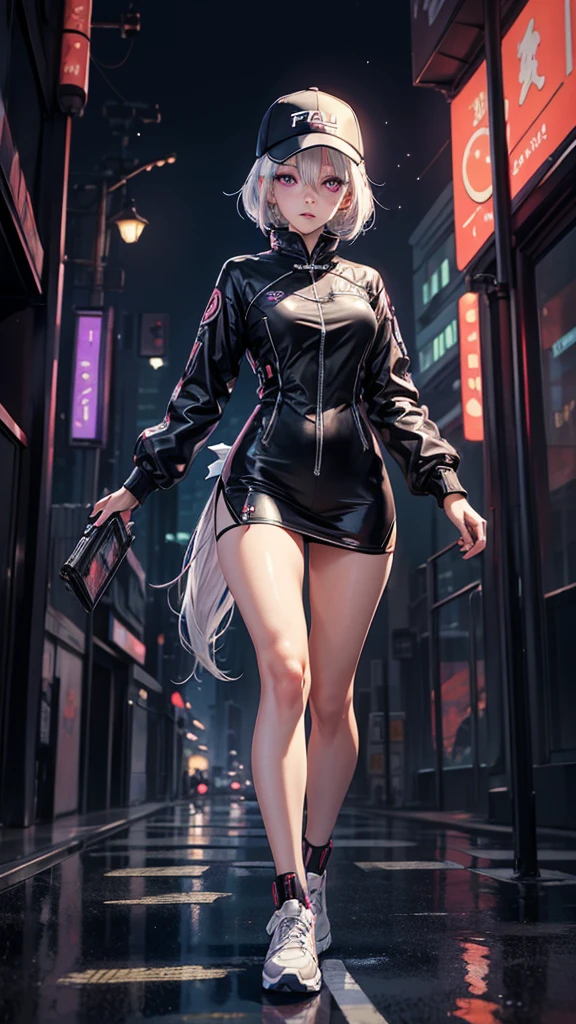 masterpiece, best quality, 4k, UHD, mishoujo, beautiful eyes and detailed face, illustration, beautiful detailed, high resolution illustration, glowing_white_particles, 1girl, white hair, light purple eye, hair over one eye, short side tail, baseball cap, expressionless, window shade, black cheongsam, cyberpunk, techwear, (Impressionism:1.4), full body portrait, cyberpunk city background, looking serious, 
