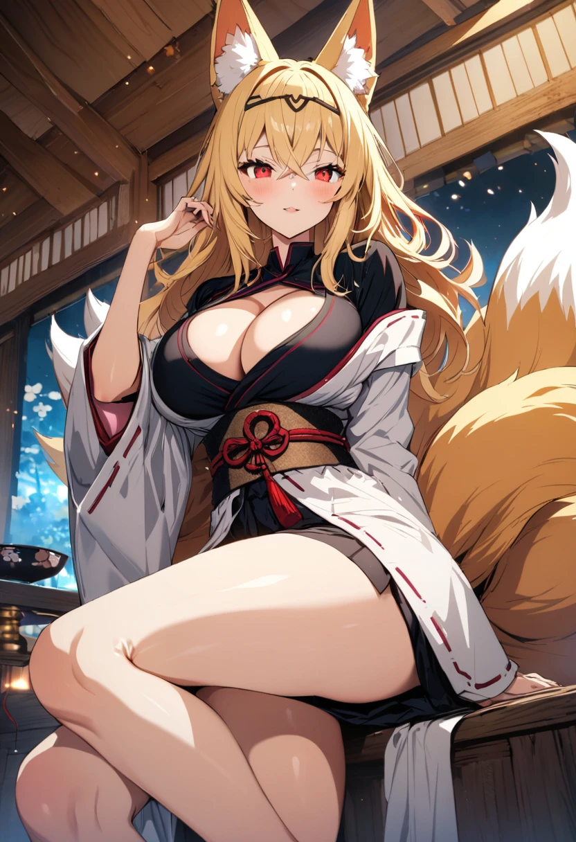 (masterpiece),(best quality),(ultra detailed),(illustration),(an extremely delicate and beautiful),(anime colored),woman is fox girl,monster girl,(giganticboobs:1.3),curvy,(shiny hair),very long hair,(flipped hair),sidelocks,(crossed bangs),(blonde hair),fox eyes,(((((((nine fox tails))))))),(((Japanese circlet))),(red eyes),(shiny skin),(((japanese kikono))),cleavage cutout,off shoulder,thigh,legs