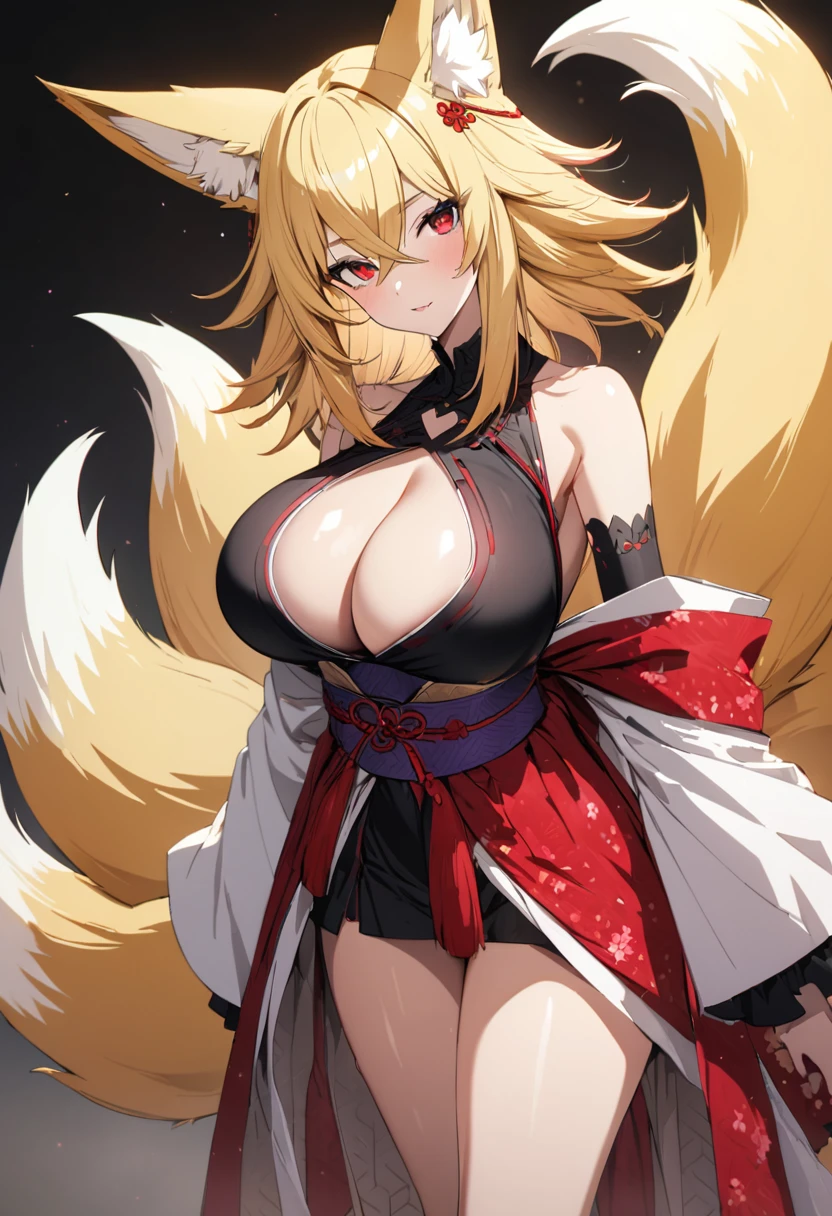 (masterpiece),(best quality),(ultra detailed),(illustration),(an extremely delicate and beautiful),(anime colored),woman is fox girl,monster girl,(giganticboobs:1.3),curvy,(shiny hair),very long hair,(flipped hair),sidelocks,(crossed bangs),(blonde hair),fox eyes,(((((((nine fox tails))))))),(((Japanese circlet))),(red eyes),(shiny skin),(((japanese kikono))),cleavage cutout,off shoulder,thigh,legs