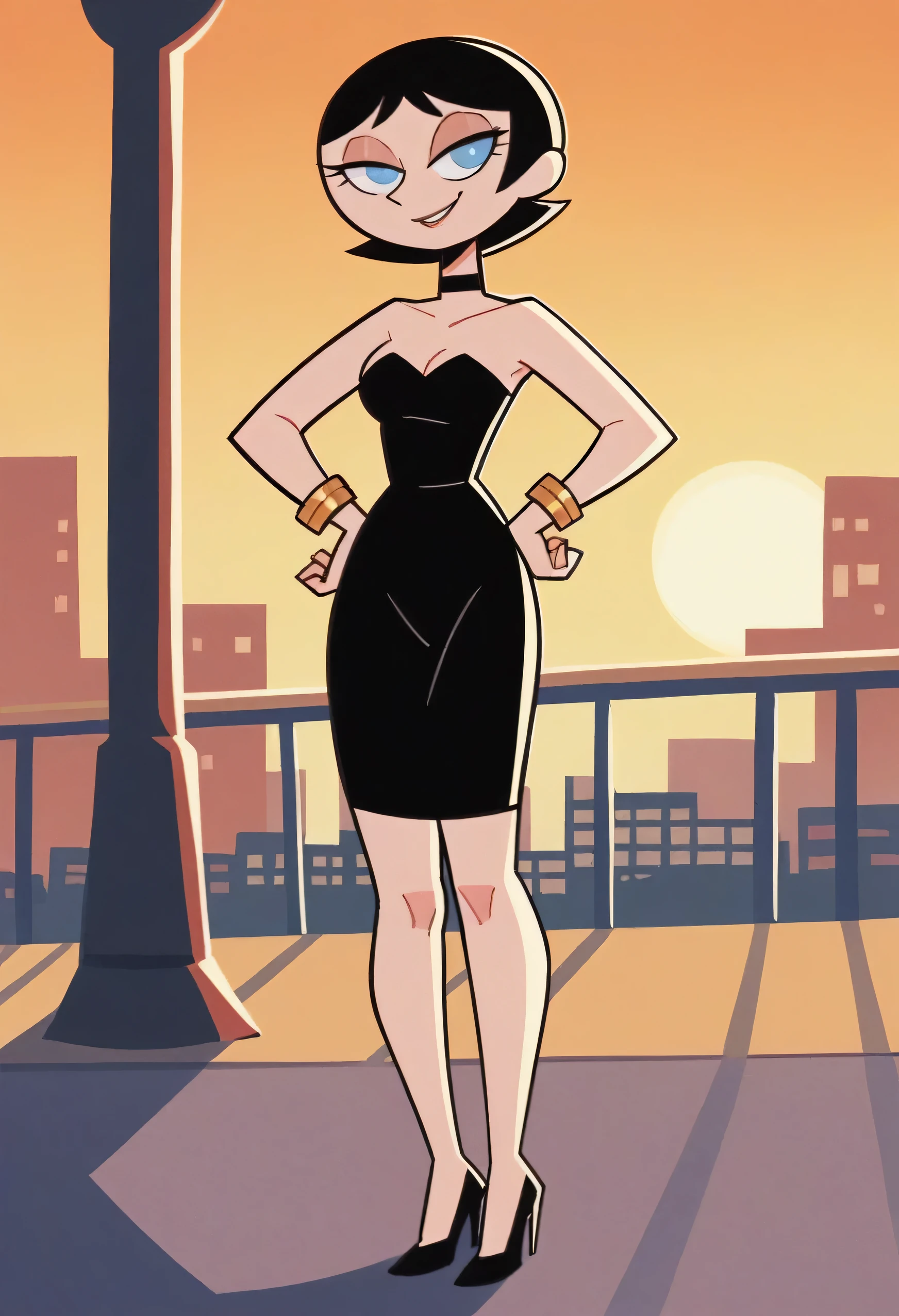 score_9, score_8_up, score_7_up, BREAK, 1girl, ke4n3PPG, short hair, black hair, hair bob, blue eyes, hands on hips, tilted waist, strapless black tube dress, black chocker, gold bracelets, a yellow sunset, city park, seductive smile, black high heels