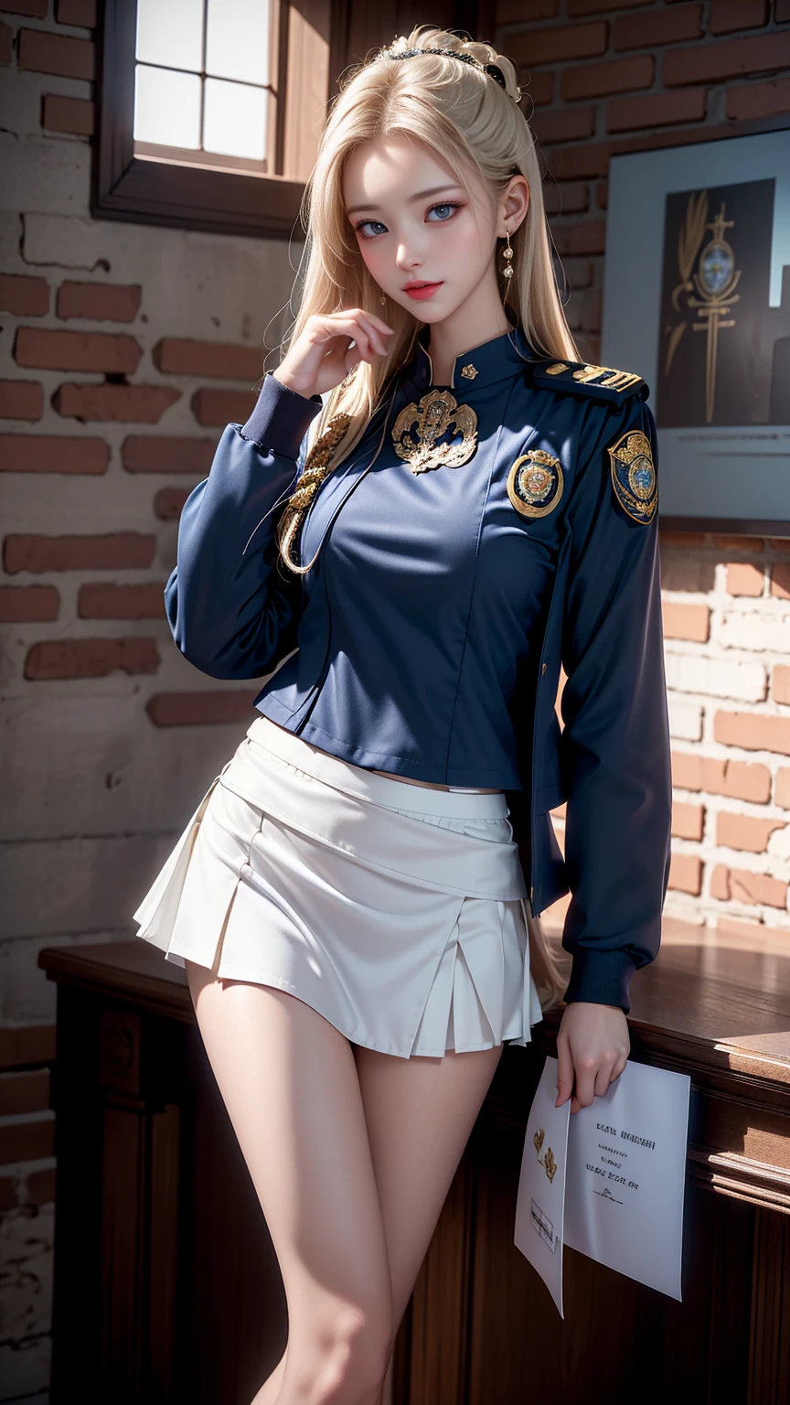 ((A policewoman standing in front of a brick wall)),Highest quality work,Live-action work,Ultra Premium Graphics,8K HD CG Works,High Quality Graphics,High-definition CG works,10x pixels,Ultra-fine detail:1.1,High level of technical detail:1.1 Photorealistic,Natural light:1.5. Lighting Effects(Virtual Lighting Effects:1. 8)、(Golden White Shorthair)、(Bob Hair)、Thin eyebrows、High nose、Nice red lips、Rose Cheek、Casual makeup face、Cute Face、Perfectly balanced face、Light-toned foundation。 A foundation that enhances the transparency of your skin。 ((female officer:1.5)),((Navy blue jacket with emblem on chest)),((Semi-transparent light blue blouse)),((Navy blue tight skirt))。40k, photograph, On the table, Highest quality, Rain Background, ((1.A girl with beautiful eyes and light hair, White skin, Mr.A Pose.((Medium chest::1.1)), Highest quality, On the table, Ultra-high resolution, (Real::1.4), RAWphotograph, (Perfect figure), (slim::1. 3), Slim abdomen, Perfect slim figure, Dynamic Pose, one person, Cold light 12000K, Fine face and skin texture, Fine grain, Realistic eyes, Beautiful fine grain, (real skin), charm, Ultra-high resolution, surreal, Very fine,Long legs、High heels、(Smile)、(I see white panties、