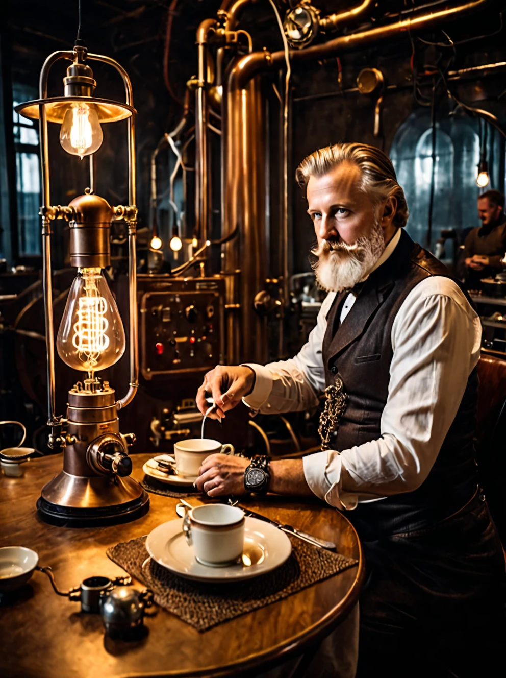 , teslapunkai, retro-futuristic, plasma and lightbulbs for breakfast , electricity powered, steampunk nautilus-style. very wide shot, character photo portrait, film, professional,