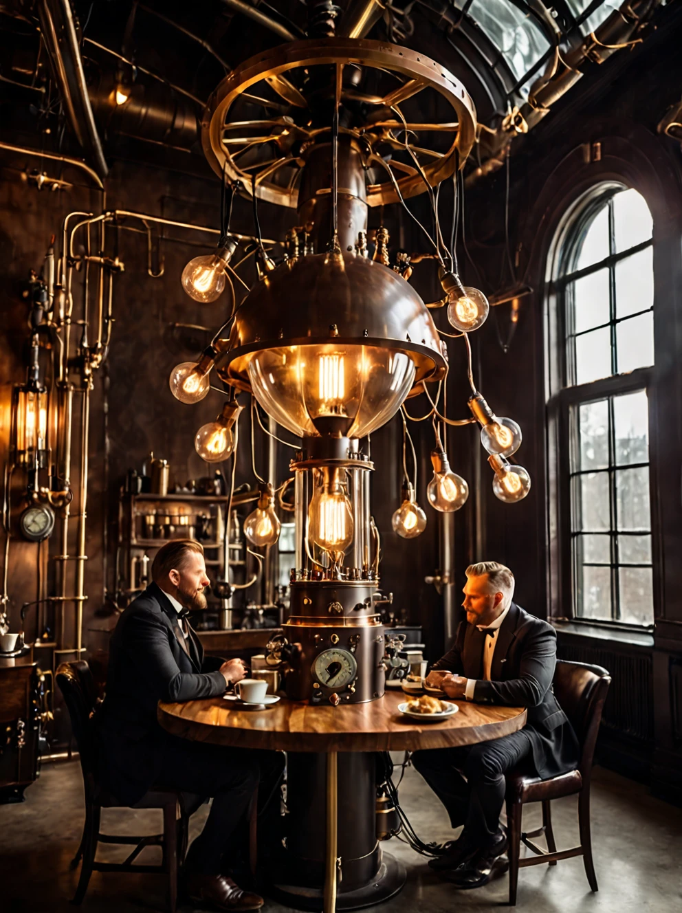, teslapunkai,  retro-futuristic,  plasma and lightbulbs for breakfast ,   electricity   powered, steampunk nautilus-style. very wide shot, character photo portrait, film, professional,