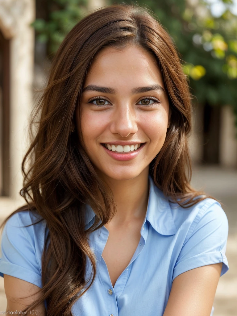 a photo-realistic portrait of a beautiful Palestinian woman with long brown hair, blue shirt, white teeth, and a cute smile, with highly detailed and realistic facial features, modest expression, and realistic white skin tone