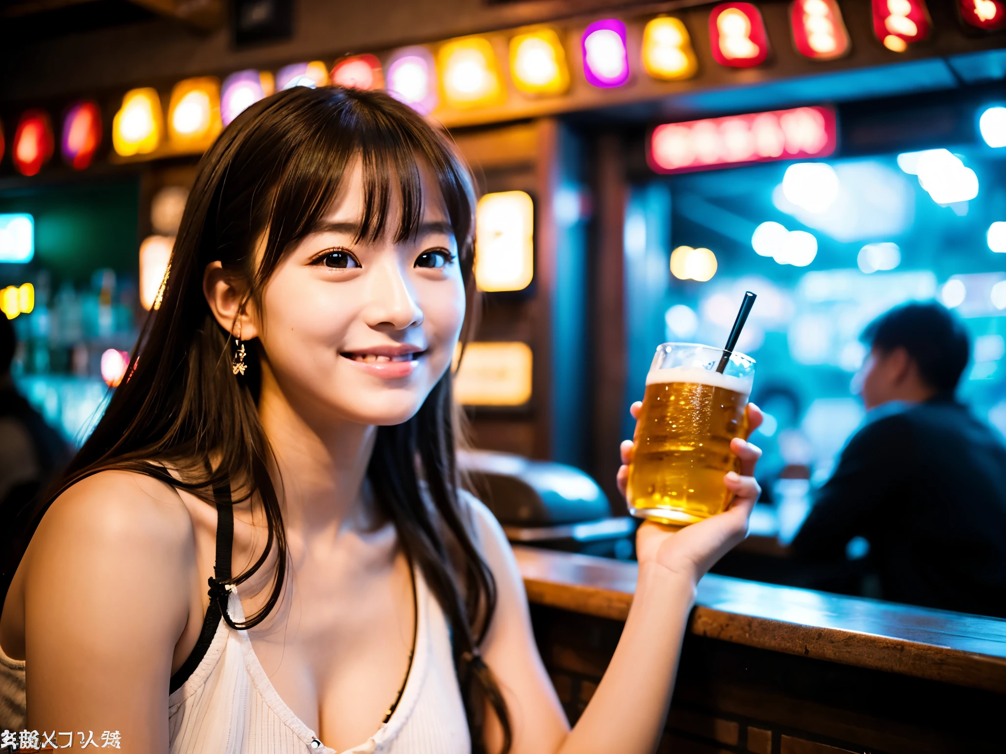 A very cute face like an idol、Looks like a young face、20-year-old female、Gentle and cute、A kind smile、Cleavage、A crowded bar、Toast with a beer mug、Cinema lighting、Natural light、whole body、RAW Photos、Genuine、Artistic、(High level of artistry)、High quality that is indistinguishable from real life、realism、Real Stick、High resolution、masterpiece