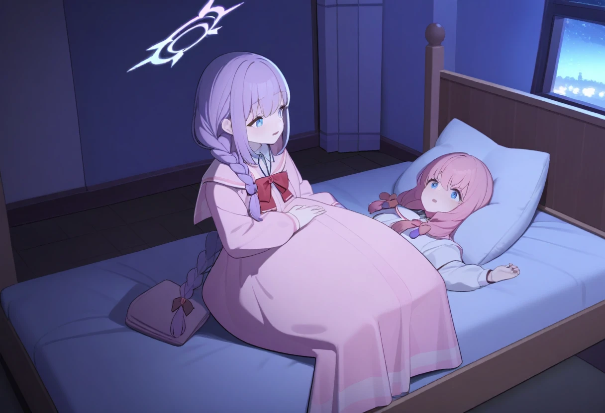 Atsuko/blue archive pink/purple hair,blue eye,double braid hair,pink garten school,,uniform,skirt pink, pregnant,sit bed,night time,