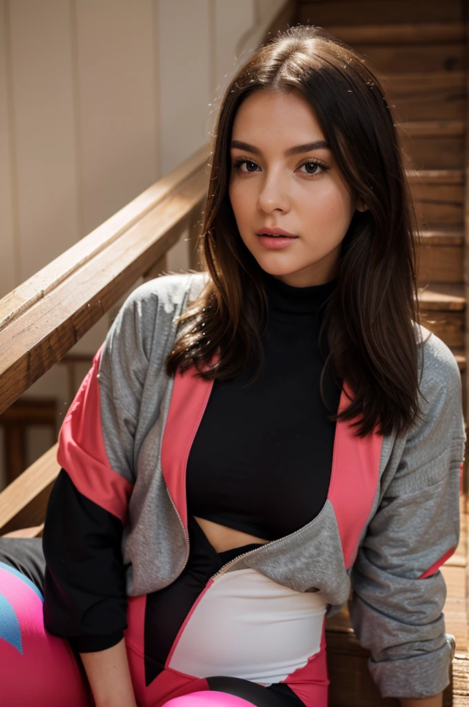 1girl in, age 25, Square face, Long hair, Looking at Viewer, jewelry, Realistic, A sexy, Leggings outfits, multicolored outfits, Old staircase background, sleep pose