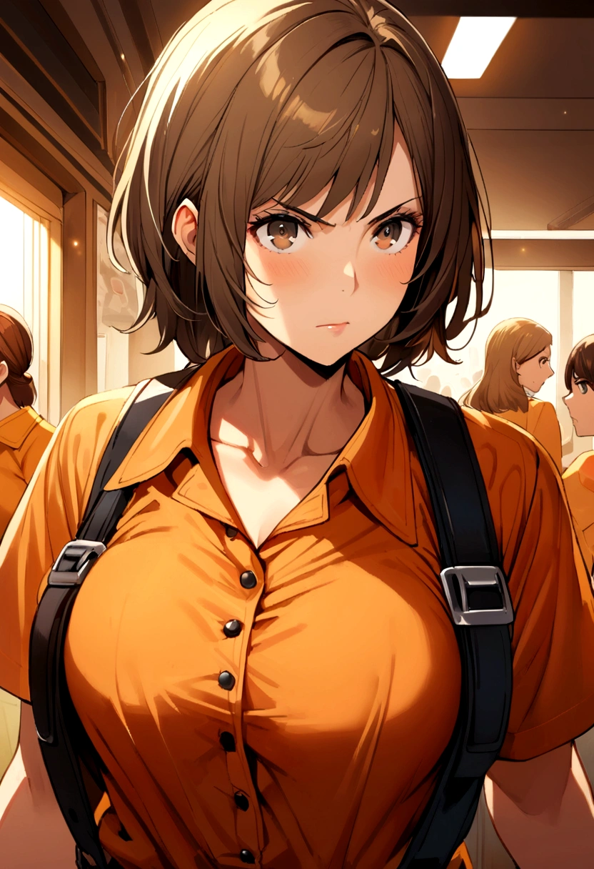 40 years old girl, short brown hair, brown eyes, blue 2-strap worker shirt, orange t-shirt inside, famer.