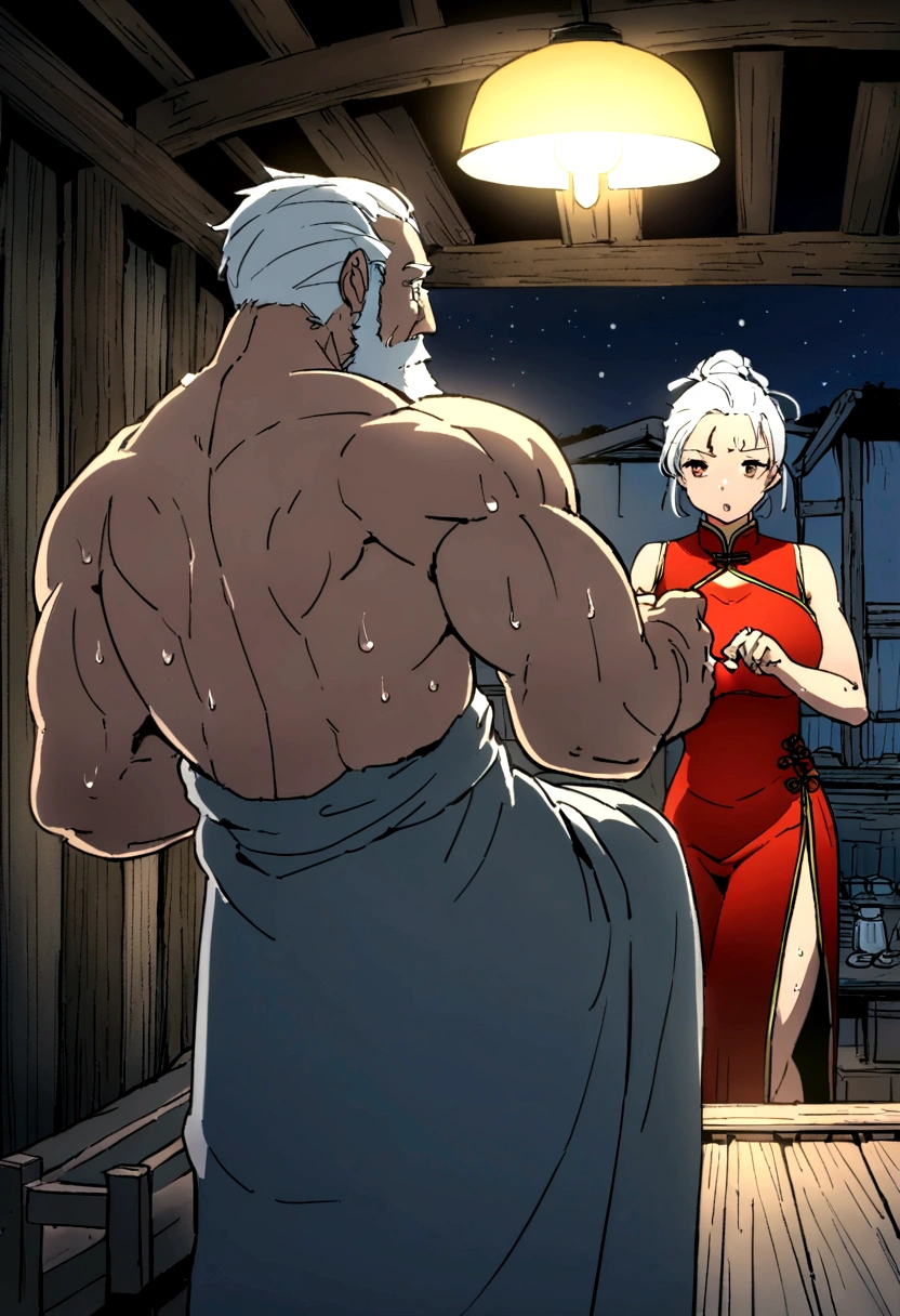 Highest quality、detailed、8K、1 Elderly、tailor、Making a red Chinese dress、Ultra-precision work、The hermit uses a workbench、Late Night、Lighting with one bulb、Sweat、muscular old man、Long white beard、Long white hair tied back、Messy Hair、In a dilapidated hut