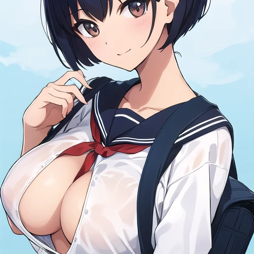 masterpiece, best quality, highres, aaazusa, short hair, ahoge, parted bangs, ,school uniforms, outdoors, Alley,Shade,Dimly lit place,A kind smile,sweat,breath,blush,(huge breast:1.2),big tits,busty,Curvaceous,Hourglass Shape,A well-defined figure,slender,Big chest and small waist,(shirt lift),(show off bra),athletic stomach,(colored bra),((breast focus))