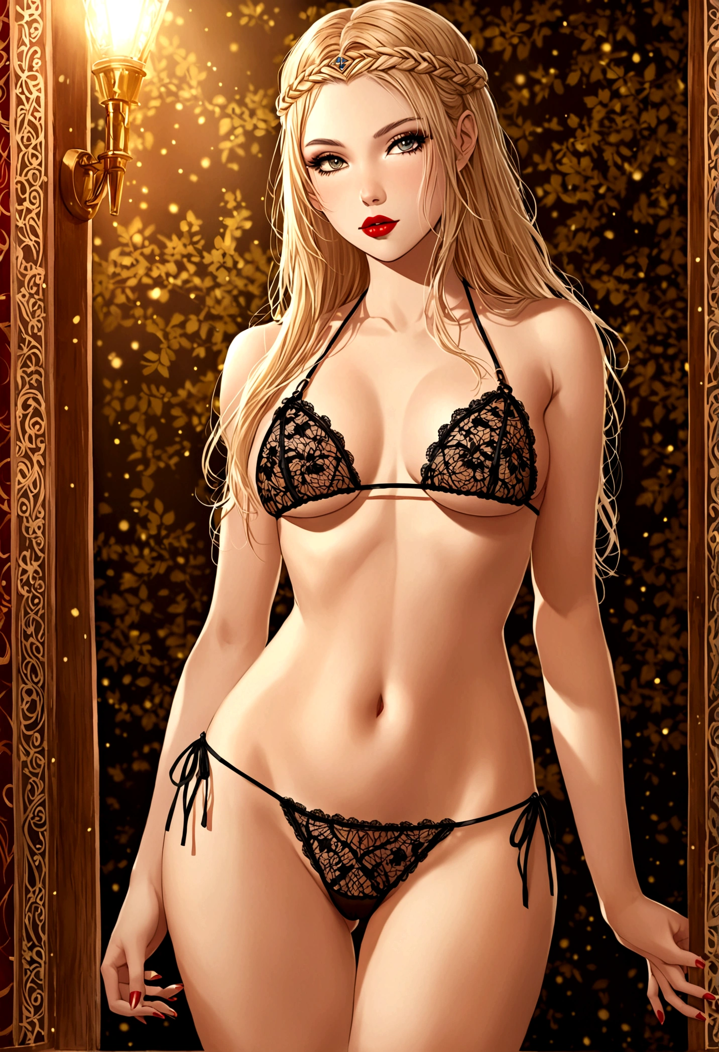 Create an image of the most stunningly gorgeous perfect sexy young shieldmaiden, Stunningly gorgeous beautiful perfect face, perfect makeup, lipstick, transparent lace micro bikini, full body view, 