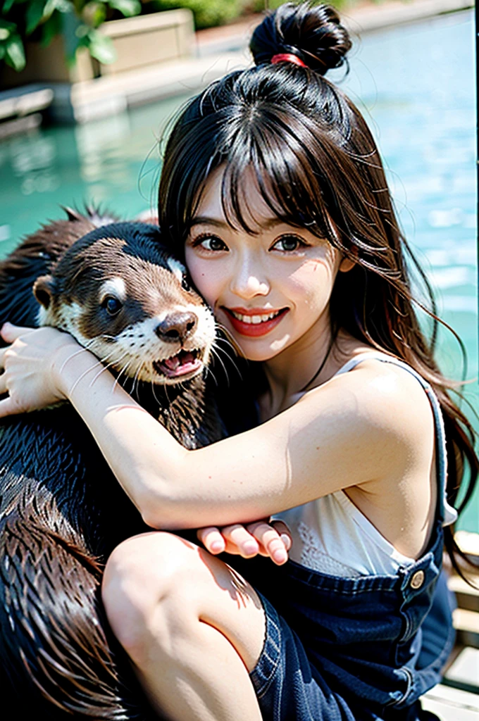 Super sexy and super cute Japan girl、Super big、Cute smile、A girl hugging a cute little otter