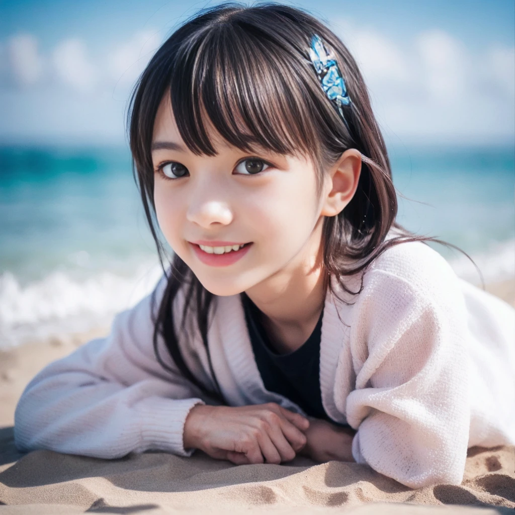 best quality, hyper detailed, highres, beach, ocean, sky, a girl, ****, necromancer, XXX-shaped, excited, shy, grinning, sitting on the floor, cross-legged, looking at viewer, side view, jitome, pale skin, fair skin, shiny skin, detailed skin, detailed face, , slender, cardigan, undone clothing, pants, piercing, blush, in the ocean, on the beach, in the sky, in the morning, kawaii, beautiful, extreme closeup shot, from front, dynamic angle, golden ratio, dappled sunlight, bright colors