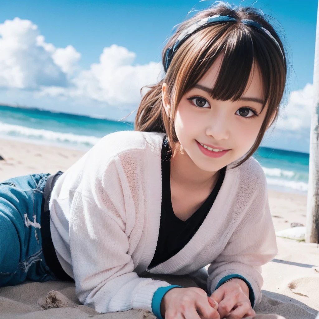 best quality, hyper detailed, highres, beach, ocean, sky, a girl, ****, necromancer, XXX-shaped, excited, shy, grinning, sitting on the floor, cross-legged, looking at viewer, side view, jitome, pale skin, fair skin, shiny skin, detailed skin, detailed face, , slender, cardigan, undone clothing, pants, piercing, blush, in the ocean, on the beach, in the sky, in the morning, kawaii, beautiful, extreme closeup shot, from front, dynamic angle, golden ratio, dappled sunlight, bright colors