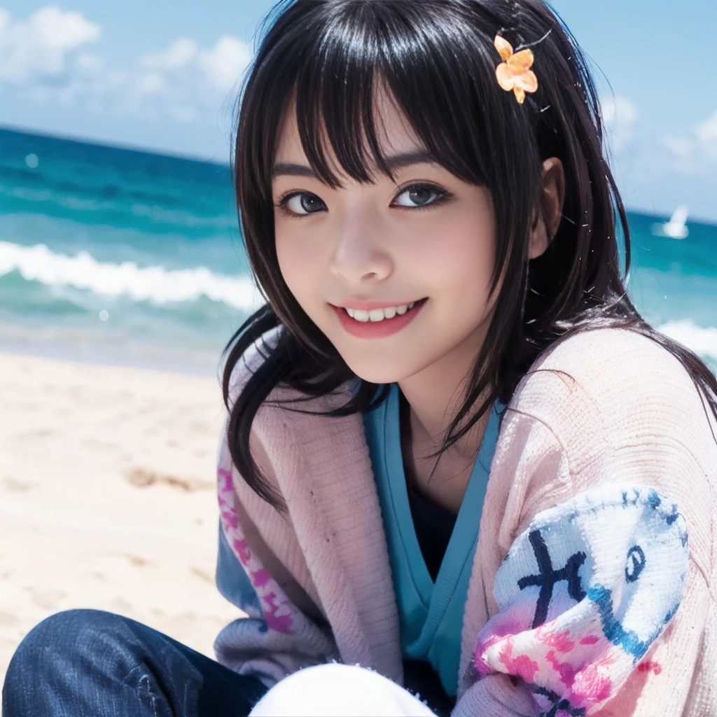 best quality, hyper detailed, highres, beach, ocean, sky, a girl, loli, necromancer, XXX-shaped, excited, shy, grinning, sitting on the floor, cross-legged, looking at viewer, side view, jitome, pale skin, fair skin, shiny skin, detailed skin, detailed face, , slender, cardigan, undone clothing, pants, piercing, blush, in the ocean, on the beach, in the sky, in the morning, kawaii, beautiful, extreme closeup shot, from front, dynamic angle, golden ratio, dappled sunlight, bright colors