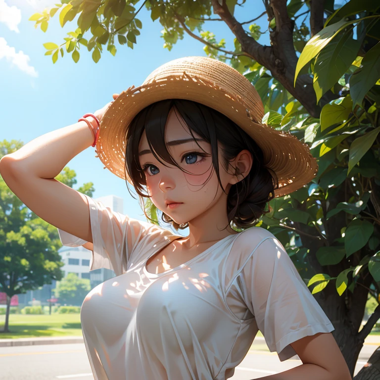 Under the blazing sun、Hot midsummer day。girl sweating。Wipe the sweat from one's forehead with one's hand。smile。