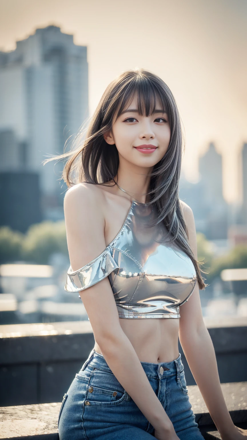 One Girl,Beautiful vintage colors, Instagram (Realistic, High resolution:1.4),, View your viewers, , whole body (8K, RAW Photos, Highest quality, Tabletop:1.2), (Realistic, Photorealistic:1.37),(Sharp focus:1.2), Professional Lighting, Photon Mapping, Radio City, Physically Based Rendering, (Pale skin:1.2),(Small :1.2), View your viewers, (Mid-length hair:1.5),, Purple eyes, (Silver Hair:1.1),bangs, ( Urban Background:1.4), alone, Upper Body, Realistic,(Tabletop:1.4),(Highest quality:1.4),(Shiny skin),Fashionable Girl,compensate,smile(skinny,Mouth closed,shy :1.3) , shoulder,Necromancer:1.1), 