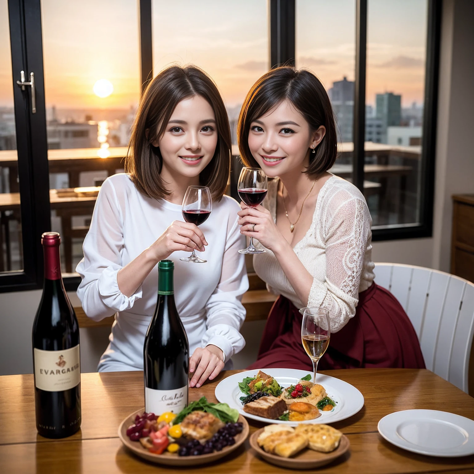 ((Highest quality、8K、masterpiece:1.3))、 (Ultra-realistic、 Genuine、Bright image、Intricate details:1.2), 最高のsmile、1 male 1 female、Beautiful couple、Lovey-dovey lovers、Happy Yokohama Lovers、Good friends、actress couple、smile、Full-course dinner at a packed table、 (Slim face), (the body is slim), (Brown Hair), (short hair), テーブルのwine glass、Please shine a light on my face、 Amazing view of the sunset sky and clouds、 years old 39 years old, red wine 、Appetizers、Wine bottle、sparkling wine、Long sleeve shirt、dress、White wine, red wine, wine glass,