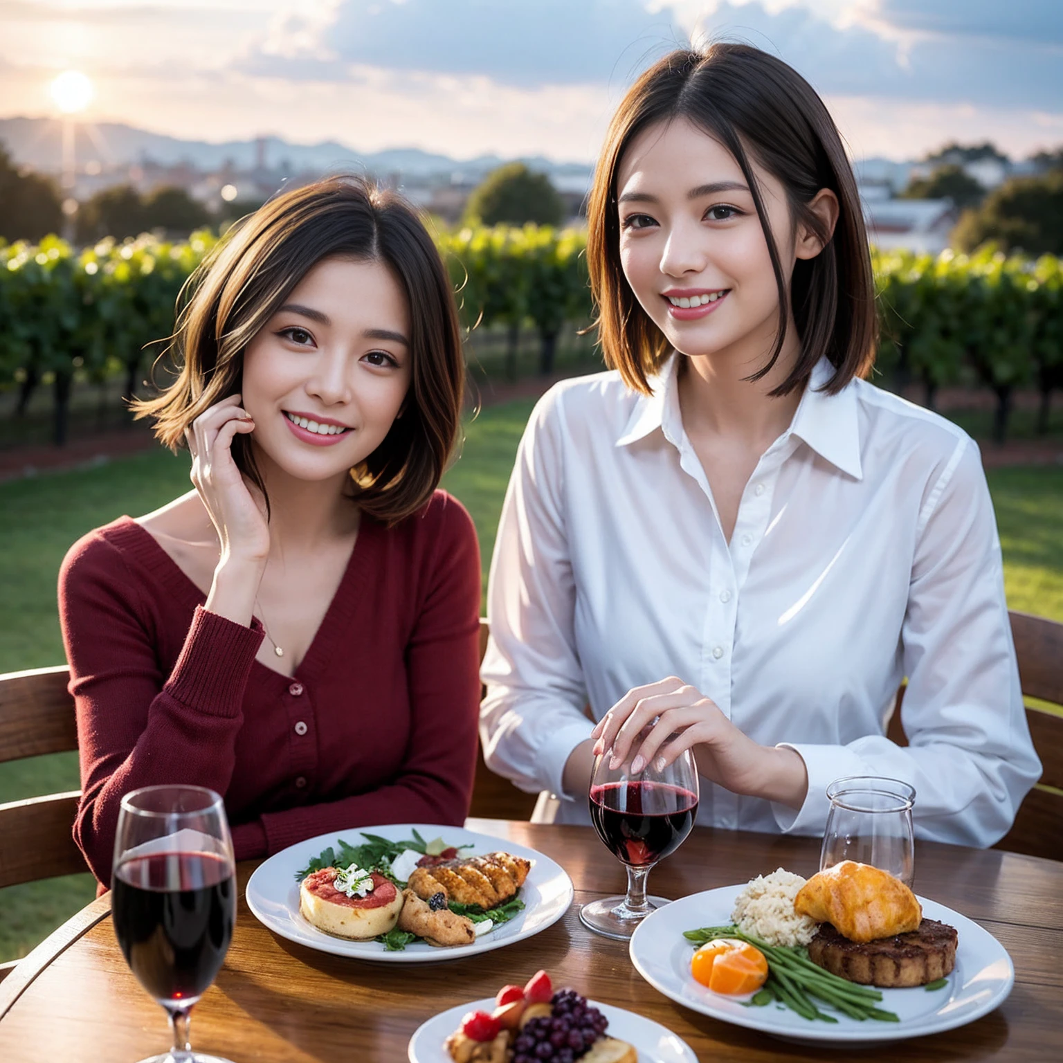 ((Highest quality、8K、masterpiece:1.3))、1 male 1 female、Satomi Ishihara、Beautiful couple、smile、full-course dinner、 (Slim face), (the body is スリム), (Brown Hair), (Shortcuts), ((Bob Hale、Straight hair:1.2)), テーブルの上のwine glass、Put the light on your face、 Amazing view of the sunset sky and clouds、smileの美しさ、Bright image、Blushing, Shortcuts, (43 years old), 39 years old, Appetizers、Italian food、Wine bottle、Champagne、sparkling wine、Long sleeve shirt、dress、Attractive beauty、restaurant, Nova Frog Style, actress, model, Upper Body, White wine, red wine, wine glass, 