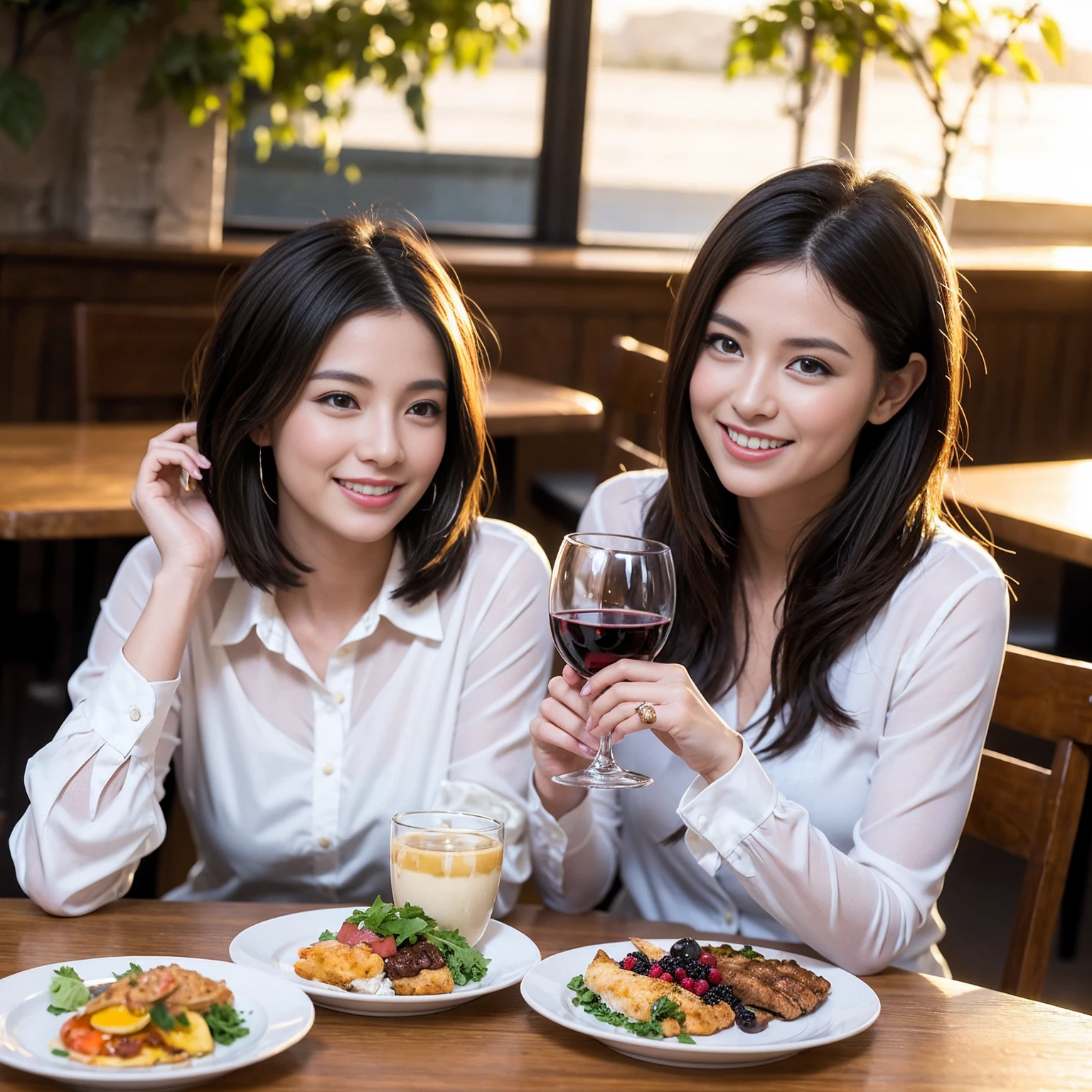 ((Highest quality、8K、masterpiece:1.3))、 (Ultra-realistic、 Genuine、Bright image、Intricate details:1.2), 最高のsmile、1 male 1 female、Beautiful couple、Lovey-dovey lovers、Happy Yokohama Lovers、Good friends、actress couple、smile、Full-course dinner at a packed table、 (Slim face), (the body is slim), (Brown Hair), (short hair), テーブルのwine glass、Please shine a light on my face、 Amazing view of the sunset sky and clouds、 years old 39 years old, red wine 、Appetizers、Wine bottle、sparkling wine、Long sleeve shirt、dress、White wine, red wine, wine glass, 