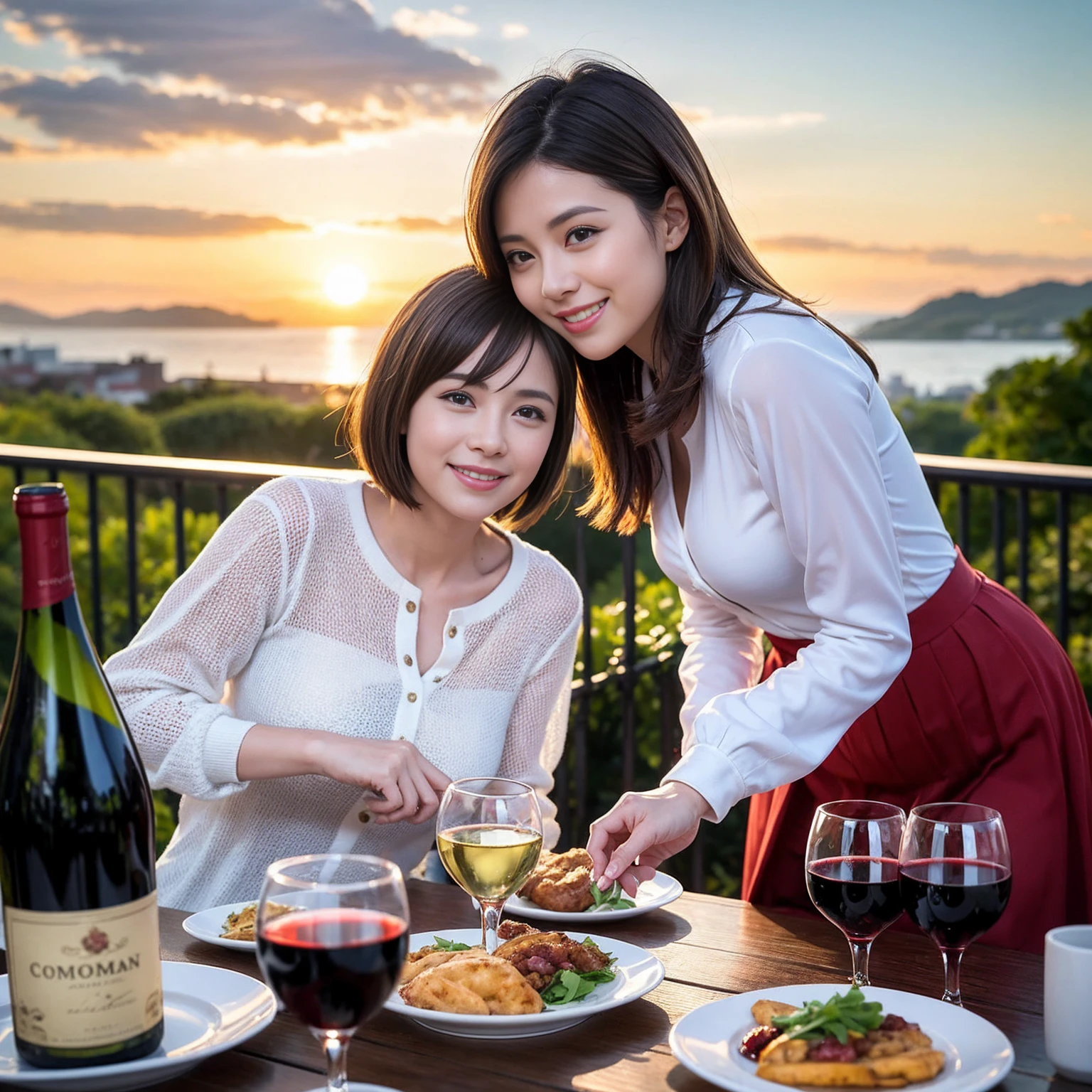 ((Highest quality、8K、masterpiece:1.3))、 (Ultra-realistic、 Genuine、Bright image、Intricate details:1.2), 最高のsmile、1 male 1 female、Beautiful couple、Lovey-dovey lovers、Happy Yokohama Lovers、Good friends、actress couple、smile、Full-course dinner at a packed table、 (Slim face), (the body is slim), (Brown Hair), (short hair), テーブルのwine glass、Please shine a light on my face、 Amazing view of the sunset sky and clouds、 years old 39 years old, red wine 、Appetizers、Wine bottle、sparkling wine、Long sleeve shirt、dress、White wine, red wine, wine glass,