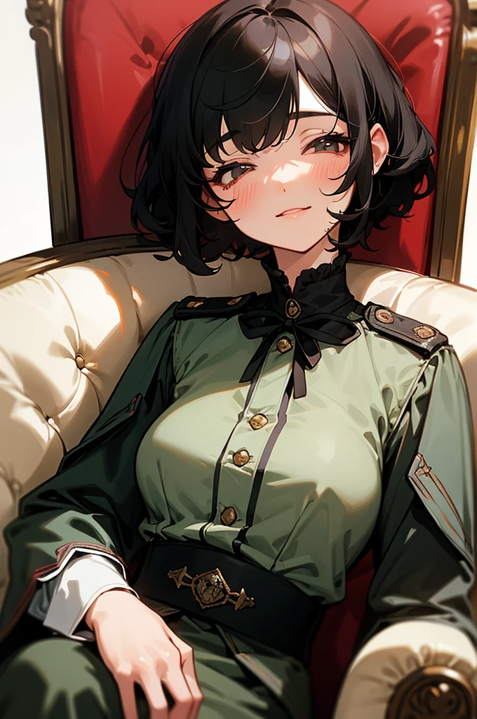 a cute girl, gorgeous face, has a sleepy look, a soft expression and a sleepy aura, she is smiling a little, curly short hair, black hair with red highlights, sleepy gray eyes, wears a military outfit from the Victorian era, she is resting in an armchair, small breast, anime style.
