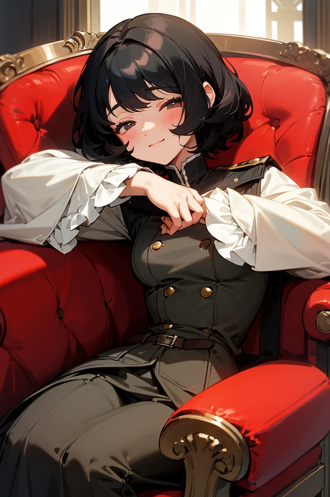 a cute girl, gorgeous face, has a sleepy look, a soft expression and a sleepy aura, she is smiling a little, curly short hair, black hair with red highlights, sleepy gray eyes, wears a military outfit from the Victorian era, she is resting in an armchair, small breast, anime style.