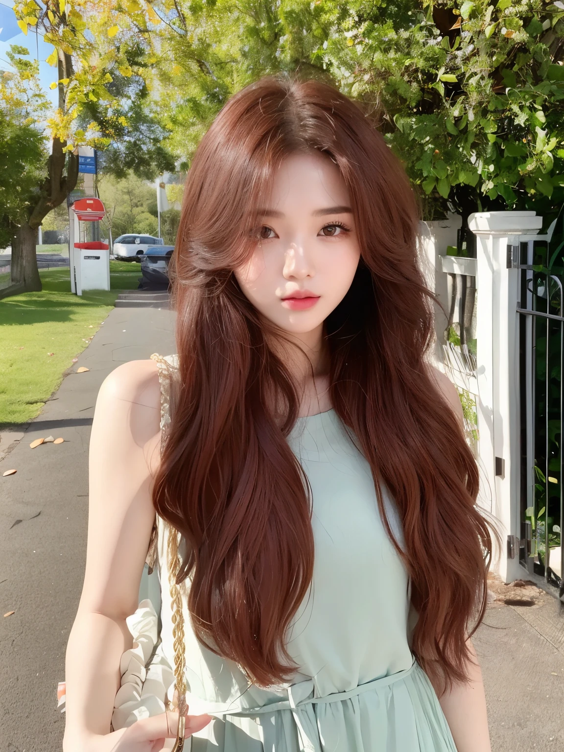 masterpiece, best quality, Girl with reddish-brown hair，Facing the camera，Hairstyle with bangs，Long curly hair，红色Long curly hair，20 years old，Chinese Girl，Sweet girl，a girl，Exquisite facial features，