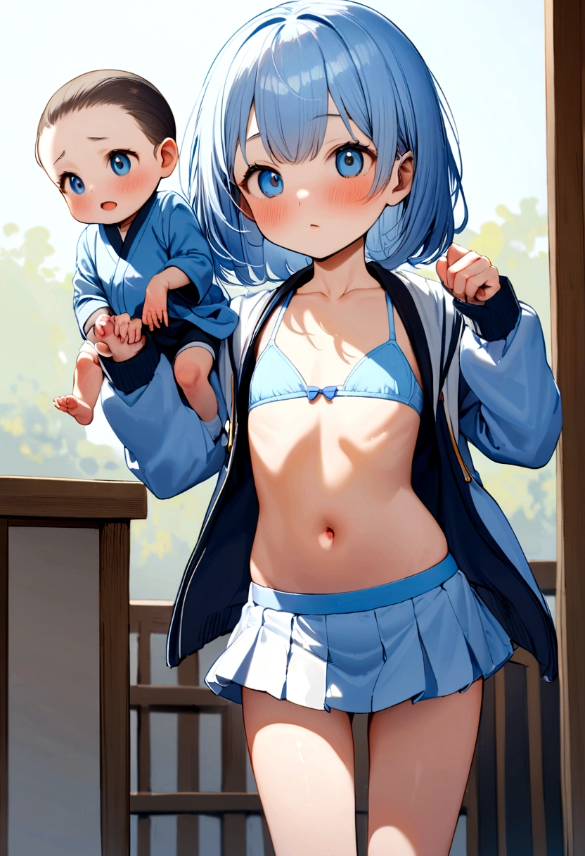 Two 10-year-old, Japanese elementary school girls, 110 cm tall and small titsed, (Flat chest), are walking to school wearing Baby blue micro mini skirt, nothing on the top, (navel-baring), (Baby blue bra, Baby blue panties), and carrying randsel,